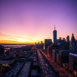 A beautiful cityscape at dusk, showcasing a lively urban environment