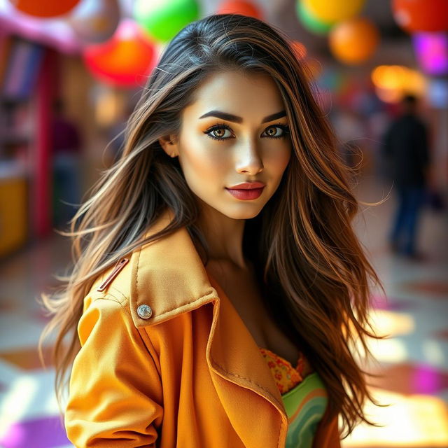 A beautiful brunette woman named Lily, with long flowing hair and captivating eyes, wearing a chic and fashionable outfit in a vibrant setting