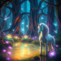 A magical forest filled with vibrant mythical creatures, glowing plants, and ethereal lights