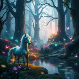 A magical forest filled with vibrant mythical creatures, glowing plants, and ethereal lights