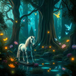 A magical forest filled with vibrant mythical creatures, glowing plants, and ethereal lights