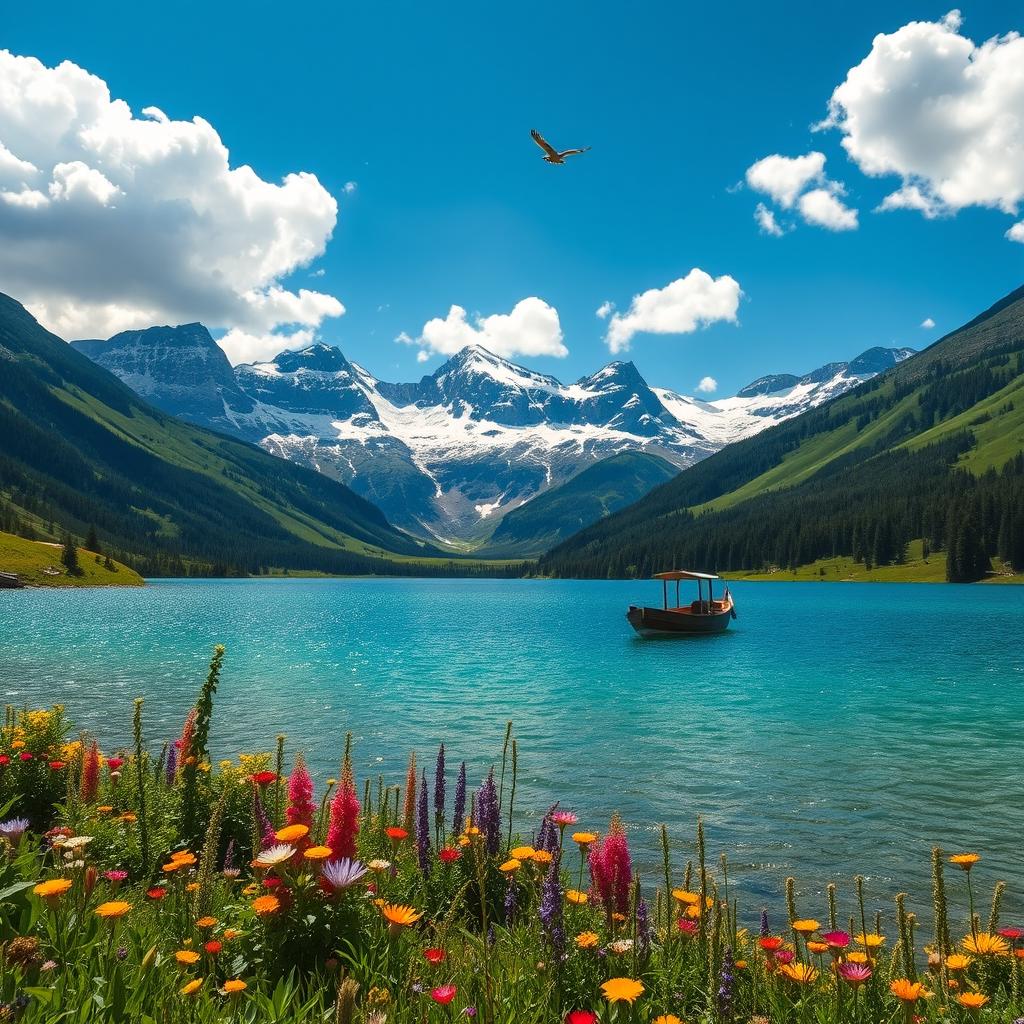 A majestic verdant landscape under a bright blue sky with fluffy white clouds