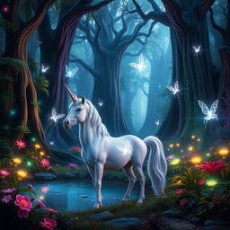 A magical forest filled with vibrant mythical creatures, glowing plants, and ethereal lights