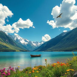 A majestic verdant landscape under a bright blue sky with fluffy white clouds