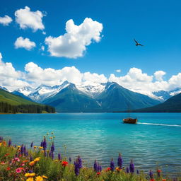 A majestic verdant landscape under a bright blue sky with fluffy white clouds