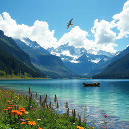 A majestic verdant landscape under a bright blue sky with fluffy white clouds