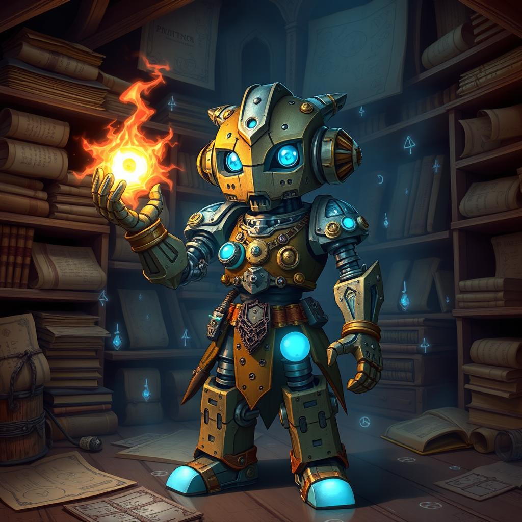 A cute and tall Warforged Artificer, standing proudly in a mystical workshop, casting an enchanting spell