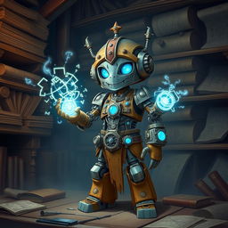 A cute and tall Warforged Artificer, standing proudly in a mystical workshop, casting an enchanting spell