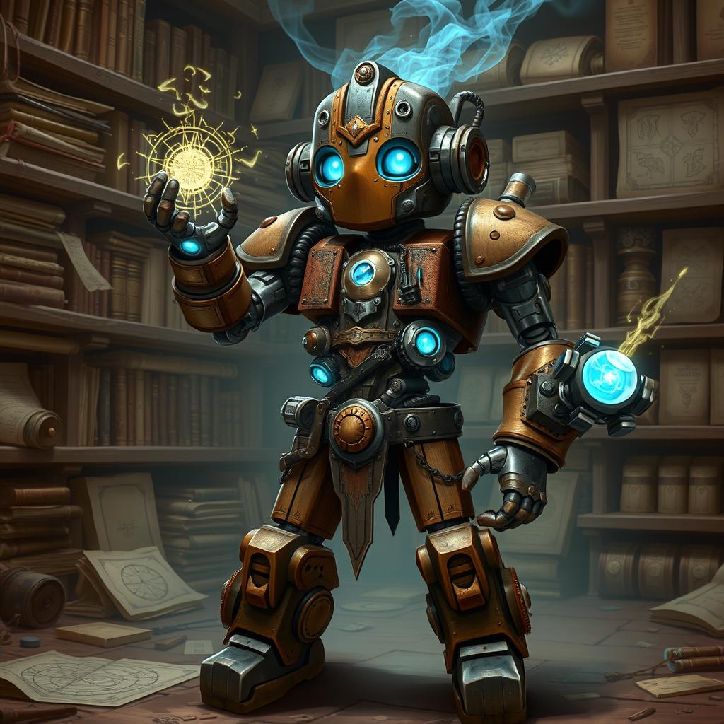 A cute and tall Warforged Artificer, standing proudly in a mystical workshop, casting an enchanting spell