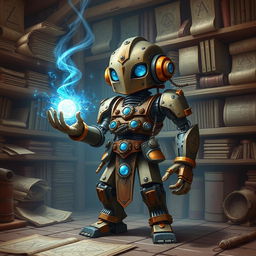 A cute and tall Warforged Artificer, standing proudly in a mystical workshop, casting an enchanting spell