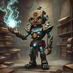 A cute and tall Warforged Artificer, standing proudly in a mystical workshop, casting an enchanting spell