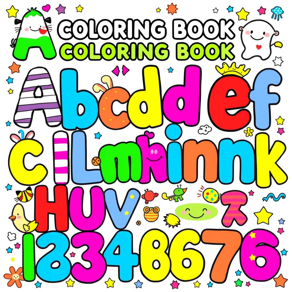 A vibrant and playful cover page design for a children's coloring book featuring both the alphabet and numbers