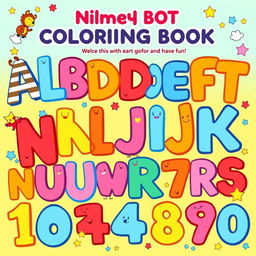 A vibrant and playful cover page design for a children's coloring book featuring both the alphabet and numbers