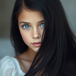 A beautiful young girl with striking blue eyes and long, flowing black hair, exuding elegance and charm