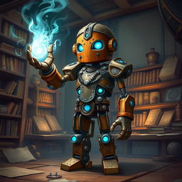 A cute and tall Warforged Artificer, standing proudly in a mystical workshop, casting an enchanting spell