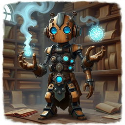 A cute and tall Warforged Artificer, standing proudly in a mystical workshop, casting an enchanting spell