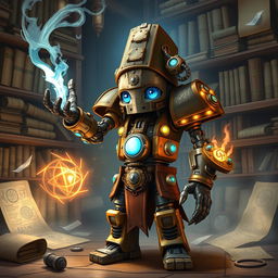 A cute and tall Warforged Artificer, standing proudly in a mystical workshop, casting an enchanting spell