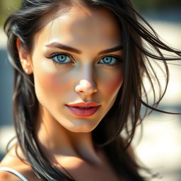 A beautiful woman with blue eyes, black hair, and fair skin, standing confidently in a serene setting