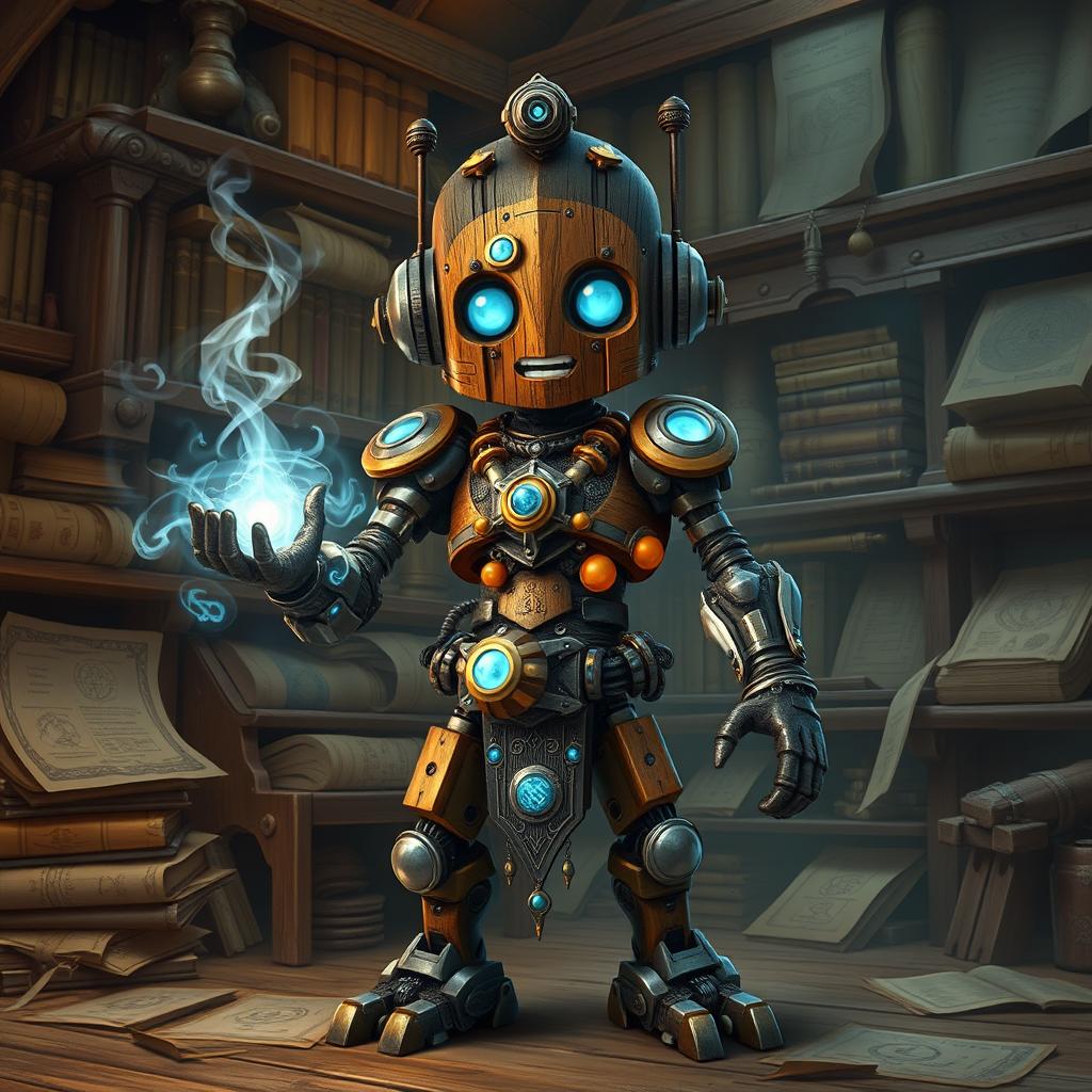 A cute and tall Warforged Artificer, standing proudly in a mystical workshop, casting an enchanting spell