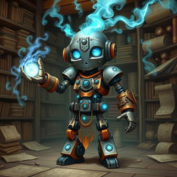 A cute and tall Warforged Artificer, standing proudly in a mystical workshop, casting an enchanting spell