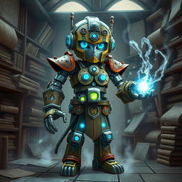 A cute and tall Warforged Artificer, standing proudly in a mystical workshop, casting an enchanting spell