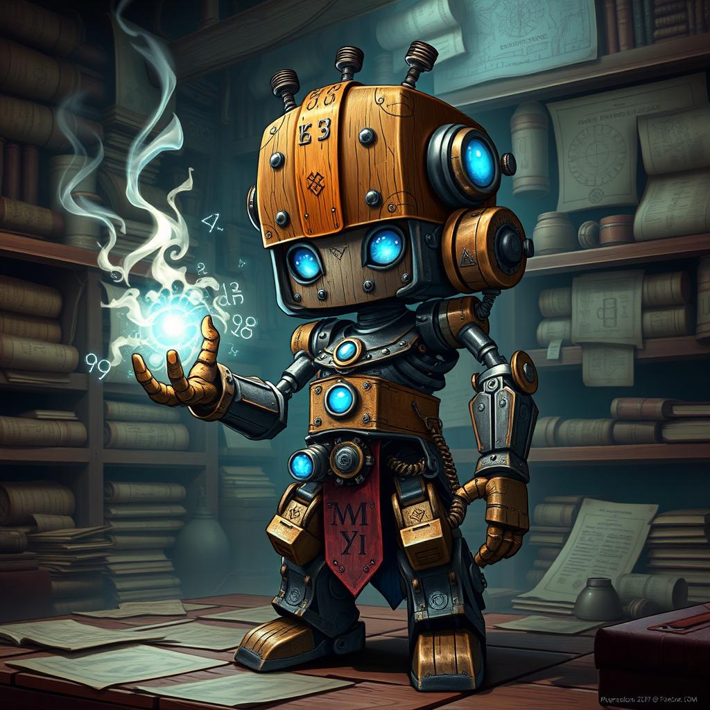 A cute and tall Warforged Artificer, standing proudly in a mystical workshop, casting an enchanting spell