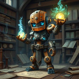 A cute and tall Warforged Artificer, standing proudly in a mystical workshop, casting an enchanting spell