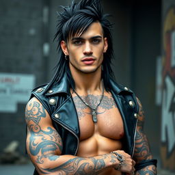 A muscular and handsome man with long black hair styled in a punk fashion