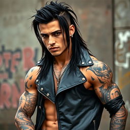 A muscular and handsome man with long black hair styled in a punk fashion