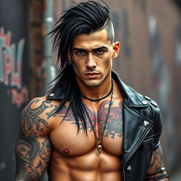 A muscular and handsome man with long black hair styled in a punk fashion