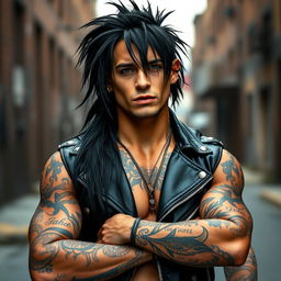 A muscular and handsome man with long black hair styled in a punk fashion