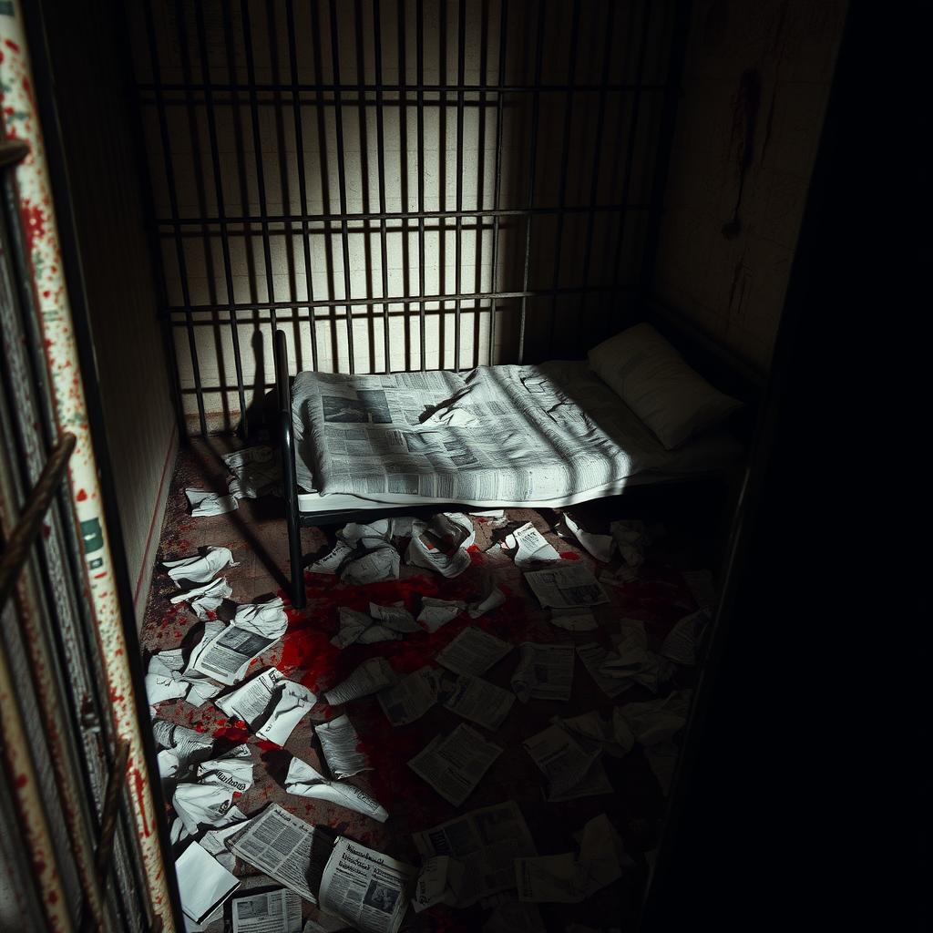 A small, dingy prison cell with metal bars and a single worn-out bed