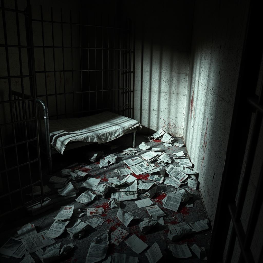 A small, dingy prison cell with metal bars and a single worn-out bed