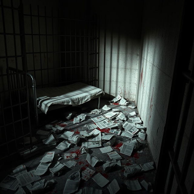 A small, dingy prison cell with metal bars and a single worn-out bed