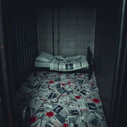 A small, dingy prison cell with metal bars and a single worn-out bed