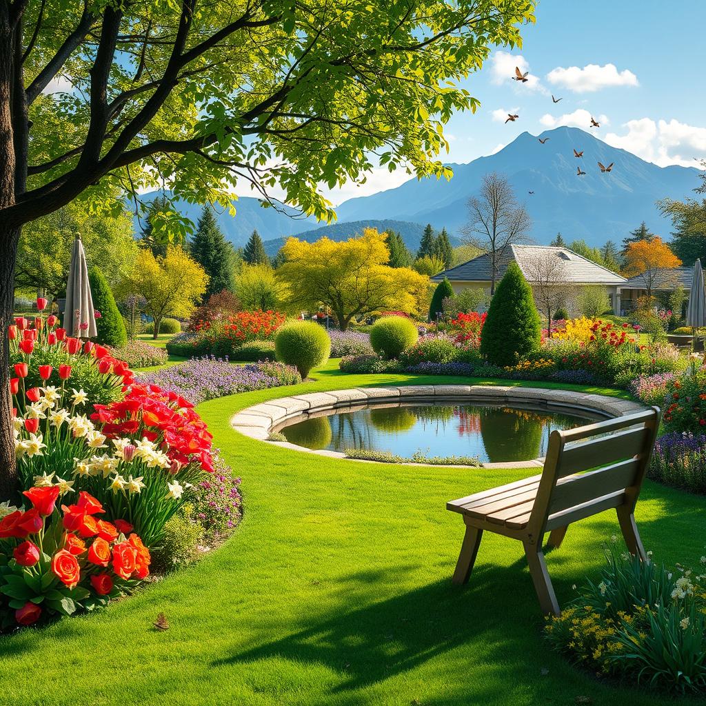 A serene garden with beautifully arranged flowers, trees, and a tranquil pond