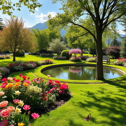 A serene garden with beautifully arranged flowers, trees, and a tranquil pond