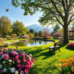 A serene garden with beautifully arranged flowers, trees, and a tranquil pond