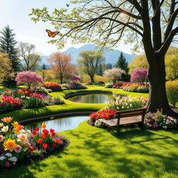 A serene garden with beautifully arranged flowers, trees, and a tranquil pond