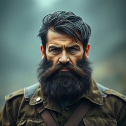 A rugged and dark-haired soldier with a full beard, wearing a military uniform