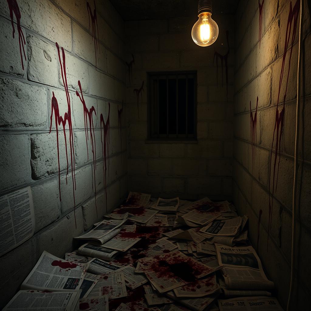 A small, dimly lit prison cell, its walls lined with stained, torn newspapers scattered across the floor