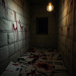 A small, dimly lit prison cell, its walls lined with stained, torn newspapers scattered across the floor