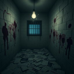 A small, dimly lit prison cell, its walls lined with stained, torn newspapers scattered across the floor