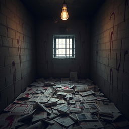 A small, dimly lit prison cell, its walls lined with stained, torn newspapers scattered across the floor