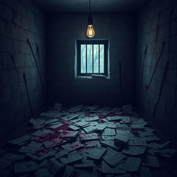 A small, dimly lit prison cell, its walls lined with stained, torn newspapers scattered across the floor