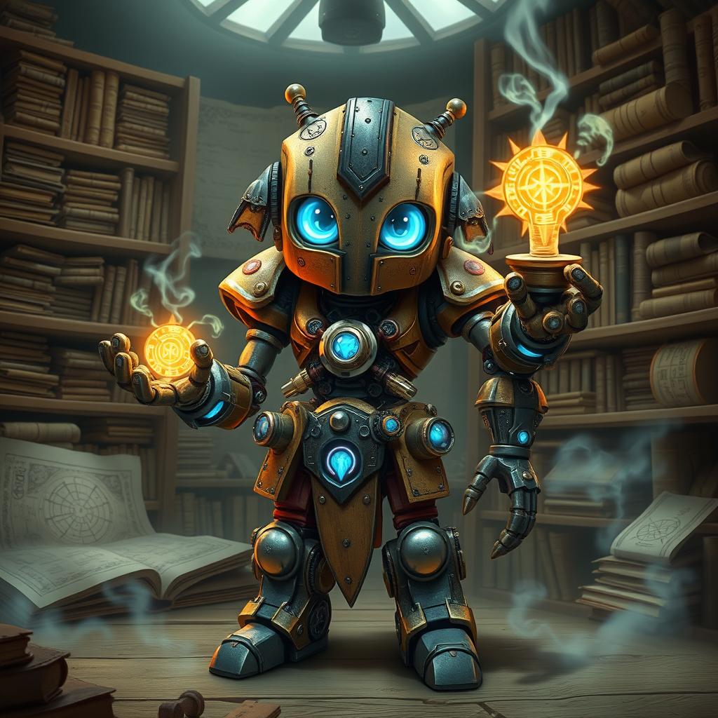 A cute and tall Warforged Artificer, standing proudly in a mystical workshop, casting an enchanting spell