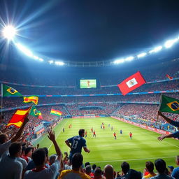 A vibrant and dynamic scene capturing the excitement of a FIFA World Cup match, with a packed stadium, cheering fans waving flags and banners, players in action on the field showcasing their skills