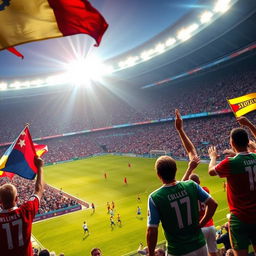 A vibrant and dynamic scene capturing the excitement of a FIFA World Cup match, with a packed stadium, cheering fans waving flags and banners, players in action on the field showcasing their skills