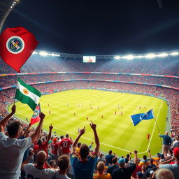 A vibrant and dynamic scene capturing the excitement of a FIFA World Cup match, with a packed stadium, cheering fans waving flags and banners, players in action on the field showcasing their skills