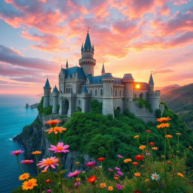 A stunning, magical castle perched on the edge of a lush cliff, overlooking a serene azure ocean